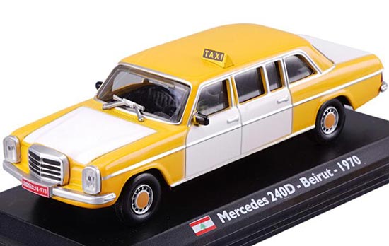 1:43 White-Yellow Diecast 1970 Mercedes Benz 240D Taxi Model