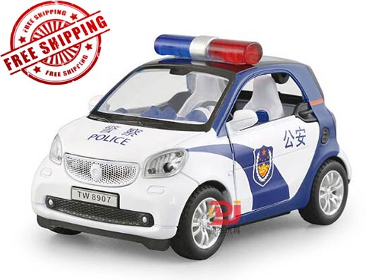 Kids 1:32 Scale White-Blue Police Diecast Smart Fortwo Toy